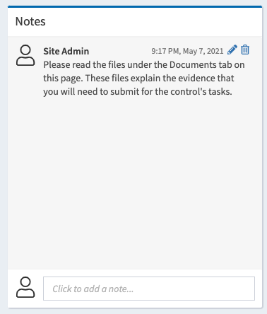 Image of the Notes area on the View Control page in KCM GRC.