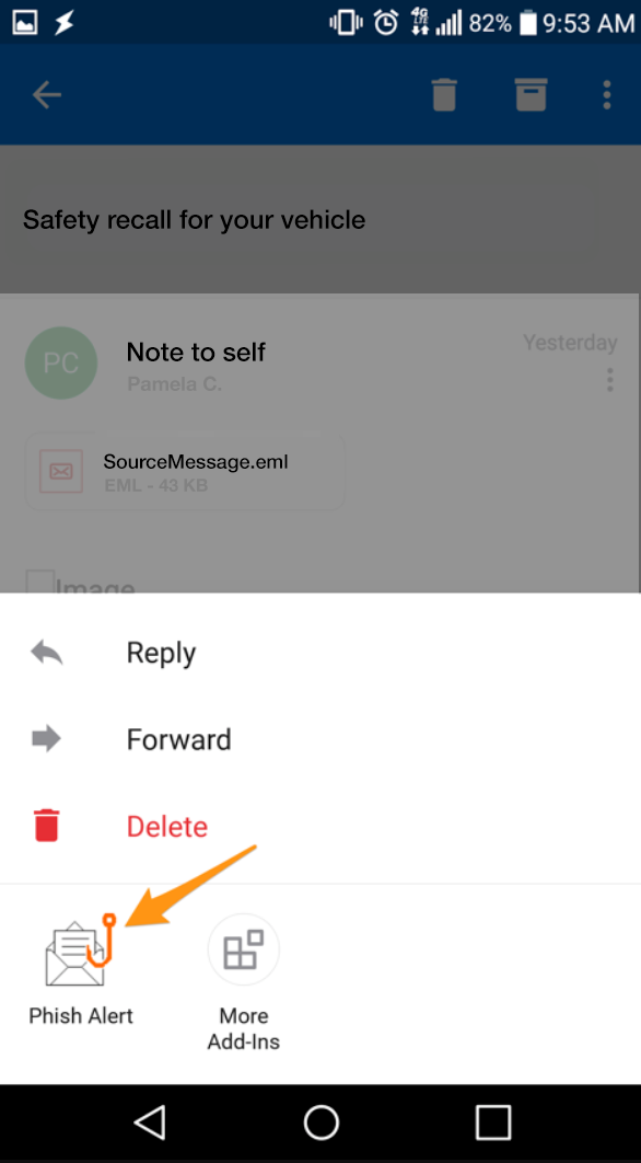 Phish Alert button location in drop-down menu on Outlook for iOS