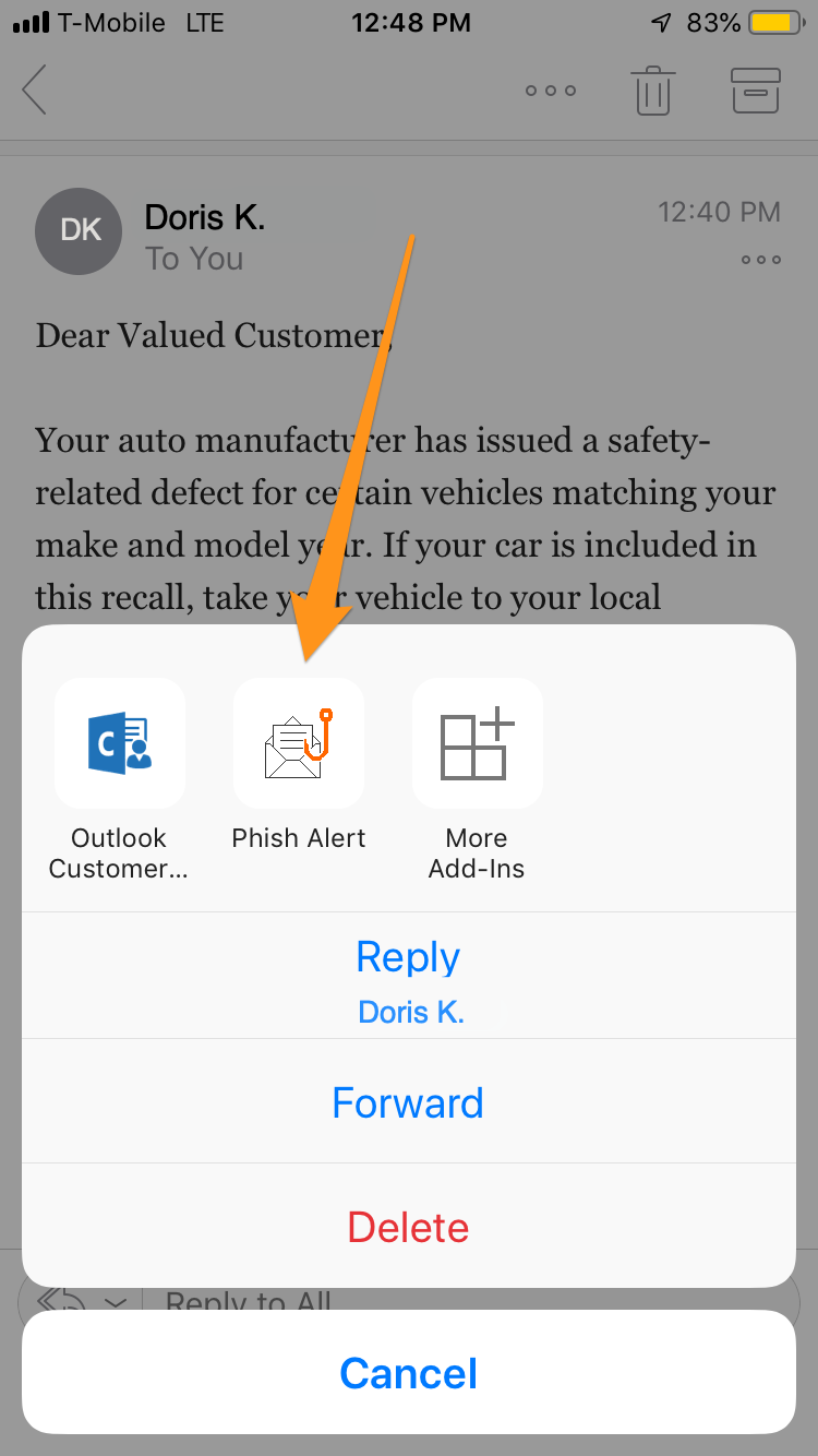 Phish Alert button location in pop-up menu on Outlook for iOS